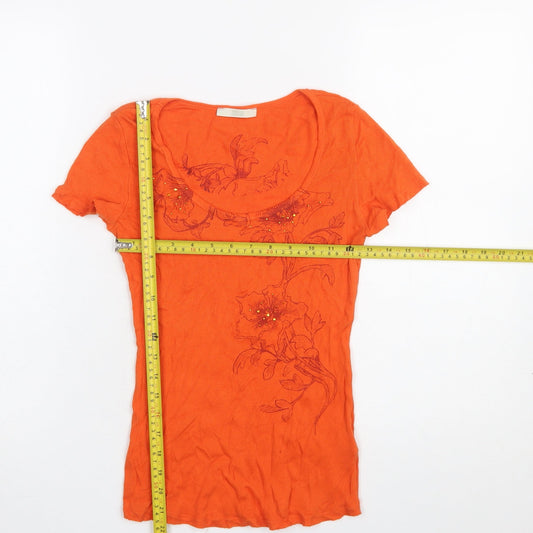 Marks and Spencer Women's Orange Floral Embroidered Cotton T-Shirt UK 10