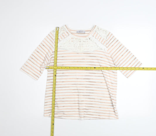 Marks and Spencer Women Beige Striped Lace 3/4 Sleeve T-Shirt Size 12