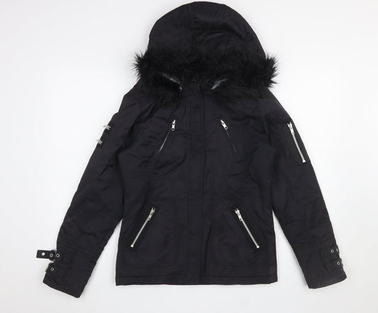 Red Herring Women's Black Faux Fur Hooded Parka Jacket Size 10