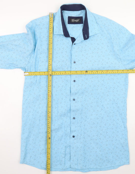 Ben Brown Men Blue Long Sleeve Regular Fit Cotton Blend Button-Up Shirt Size L