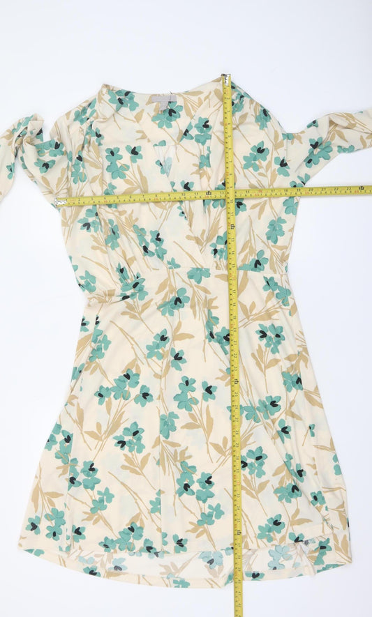 H&M Women's Beige Floral V-Neck Wrap Dress Long Sleeve Size L
