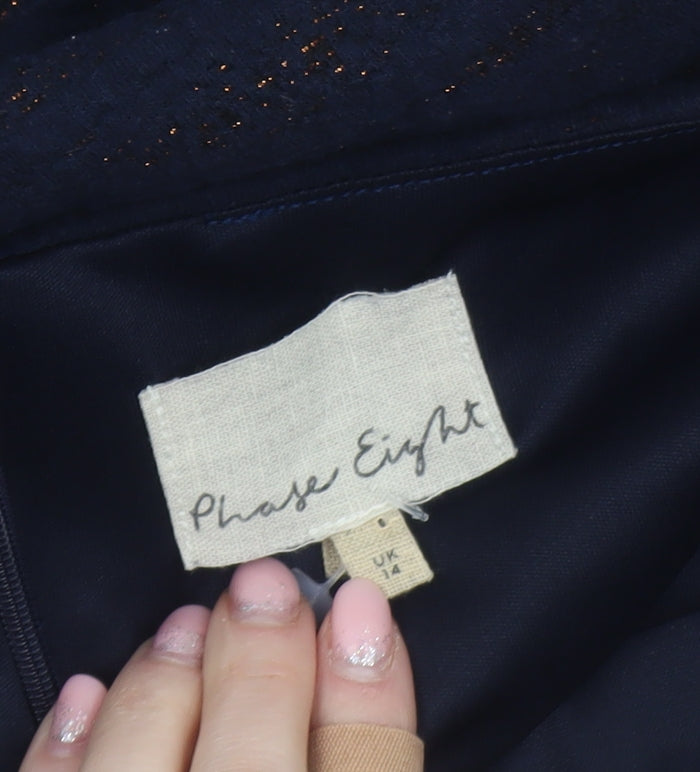 Phase Eight Women's Blue Metallic Shift Dress UK 14 3/4 Sleeve Knee Length