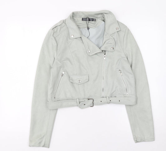 Additional front view of Missguided Women's Grey Faux Suede Biker Jacket, size 10, Cropped Belted