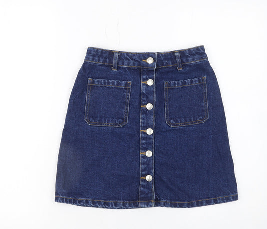 Additional front view of Denim Co. Women Blue Denim A-Line Button Skirt, size 4