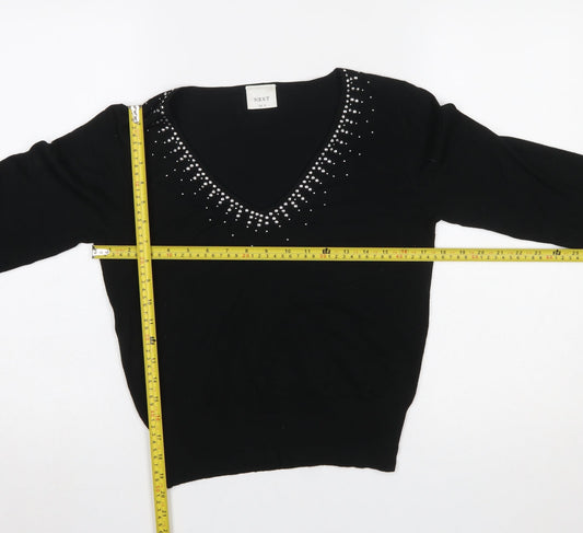 Next Women's Black V-Neck Jumper UK 12 Rhinestone Detail Long Sleeve