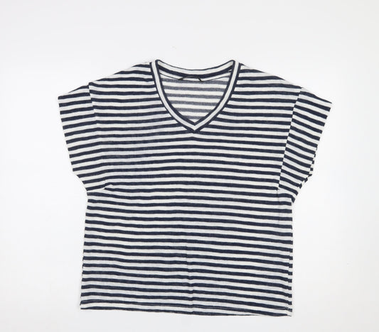 Additional front view of Dunnes Women Navy Striped V-Neck Short Sleeve T-Shirt, size 12