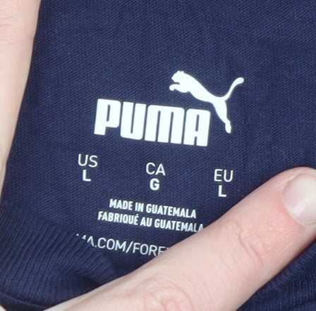 Brand and care label for Puma men’s blue graphic logo crew neck short sleeve t-shirt, size L