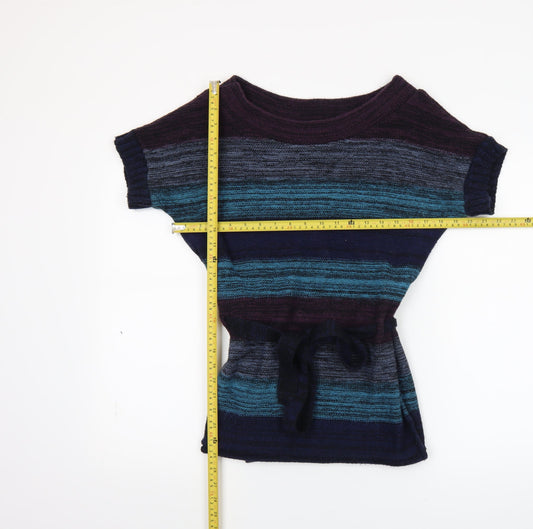 Topshop Womens Multicoloured Striped Short Sleeve Belted Tunic Jumper Size 10