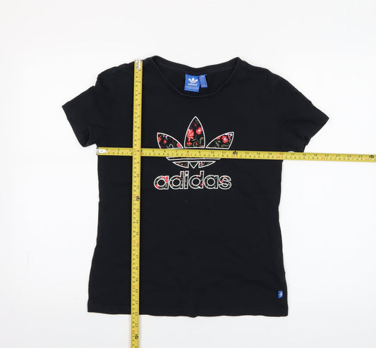 Adidas Womens Black Floral Logo T-Shirt Size 12 Short Sleeve
