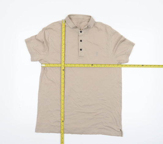AllSaints Men's Beige Polo Shirt Size L Cotton Short Sleeve