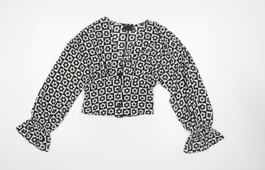 Additional front view of ASOS DESIGN women’s black floral cropped blouse uk 8 long sleeve