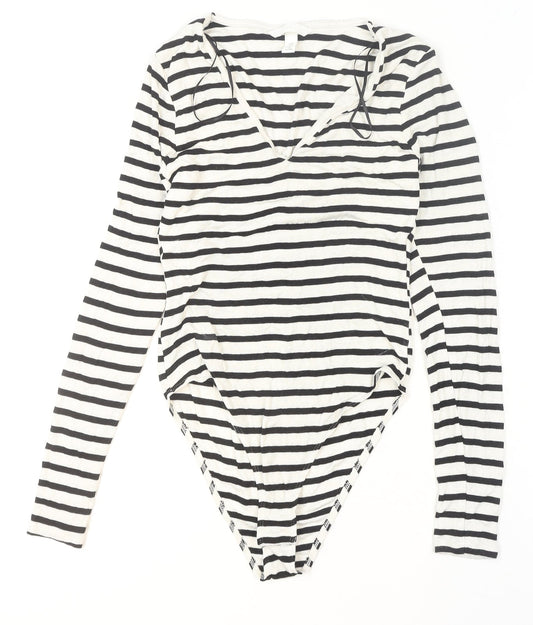 H&M Women's Black White Striped Viscose Bodysuit Size S Long Sleeve