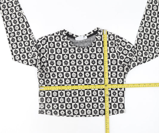 Vila Women Black Floral Geometric Cropped Long Sleeve Top Size 12