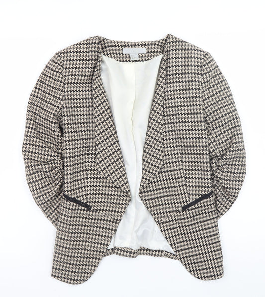 H&M Women Beige Houndstooth Blazer Jacket Size 8 Classic Lined Workwear