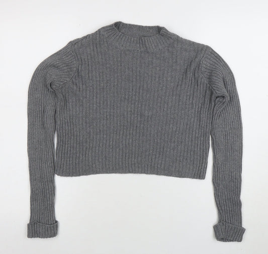 Pull&Bear Womens Grey Mock Neck Rib Knit Jumper Size 10