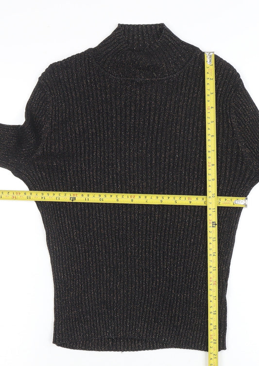 Topshop Women’s Black Metallic Roll Neck Ribbed Jumper UK 12