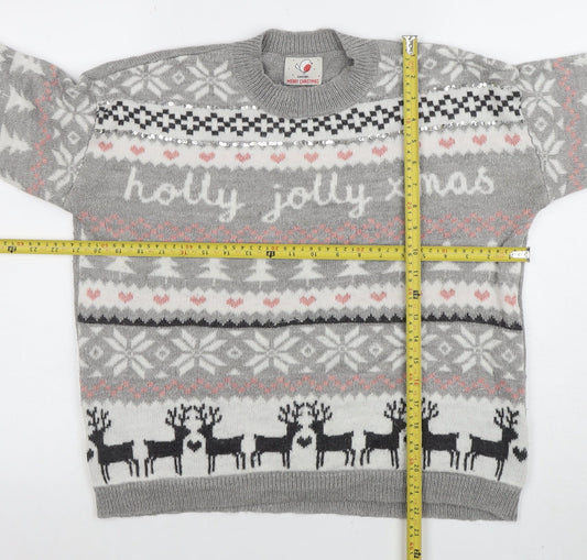 George Women's Grey Christmas Fair Isle Sequin Pullover Jumper Size S