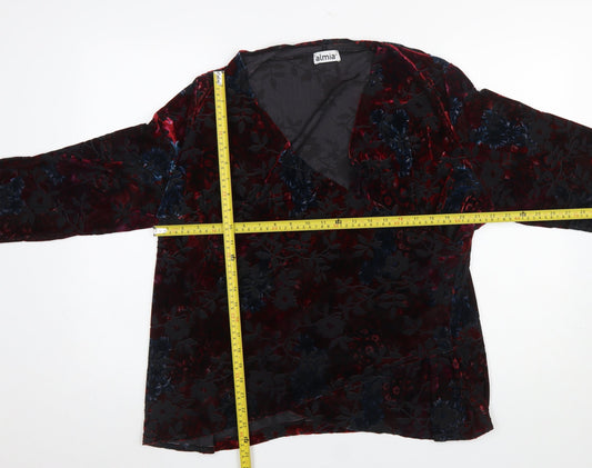 Almia Women Red Floral Velvet Wrap Blouse Long Sleeve Size 26
