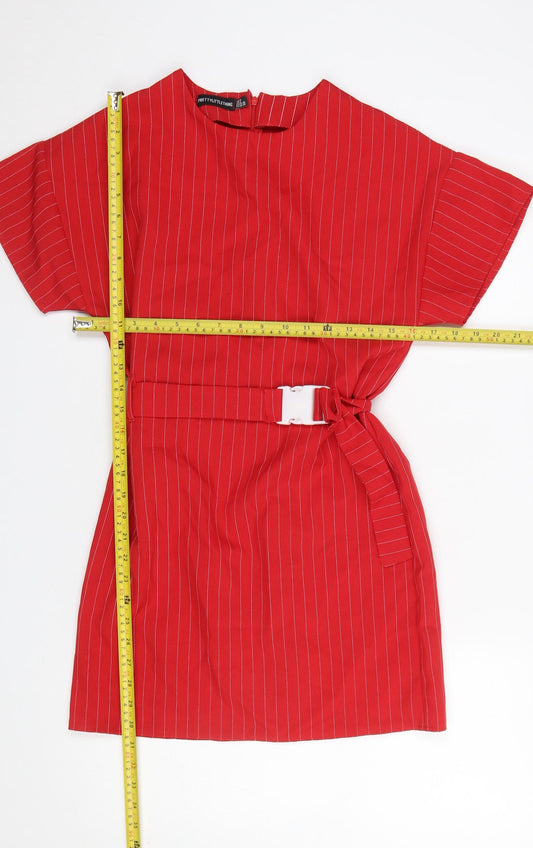 PrettyLittleThing Women Red Short Sleeve Belted Shift Dress Size 8