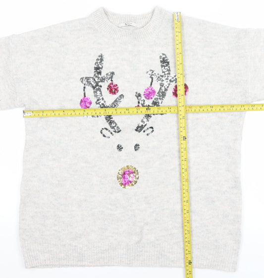 Tu Women Beige Sequin Reindeer Christmas Jumper Size 14
