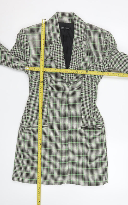 Zara Women Black Green Checked Longline Blazer Medium