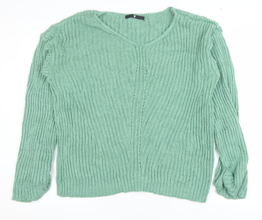 Very Women Green Ribbed V-Neck Pullover Jumper Size 16