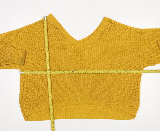 ZARA Women Yellow Chunky-Knit Wool Blend V-Neck Jumper Size S