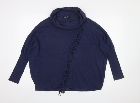 Marble Women Blue Cotton Cowl Neck Fringe Pullover Jumper Size 14