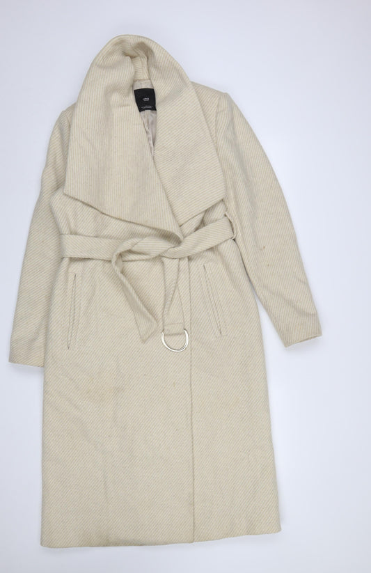 MNG Womens Beige Wool Blend Long Belted Overcoat Size 12