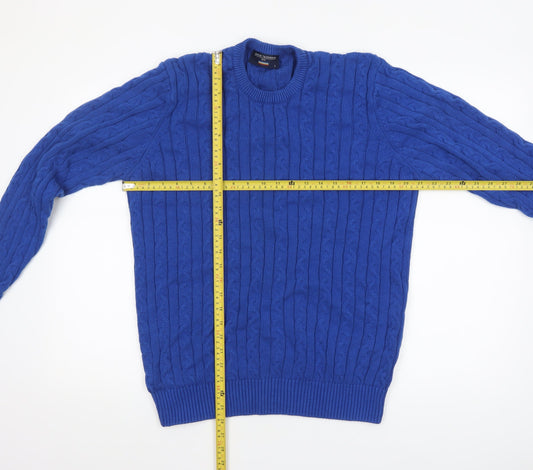 Brook Taverner Men's Blue Cotton Cable Knit Crew Neck Jumper L