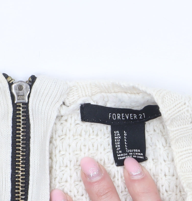 Womens UK Size L FOREVER 21 Ivory Full Zip Jumper