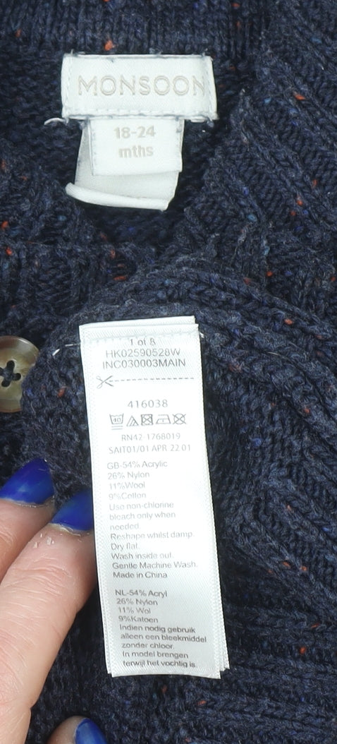 Brand and care label for Monsoon Blue Cable Knit Shawl Collar Baby Jumper 18-24 Months