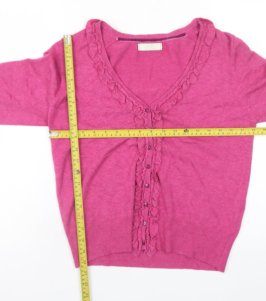Marks and Spencer Womens Pink Ruffle Cardigan Size 12 V-Neck Knit
