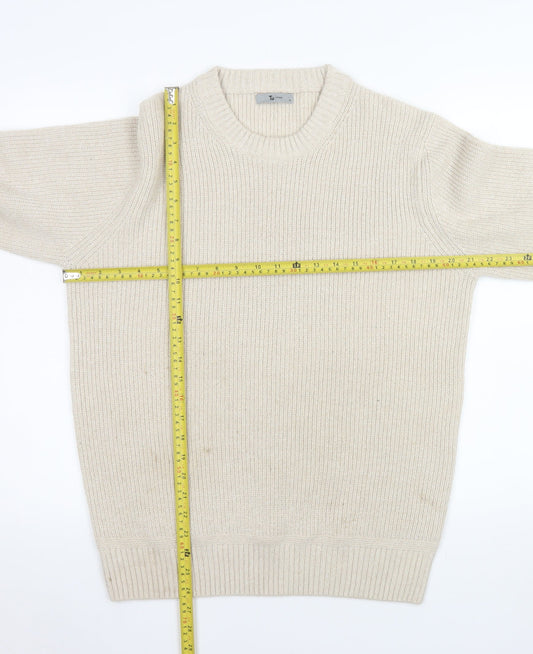 Tu Men Beige Ribbed Knit Crew Neck Pullover Jumper M