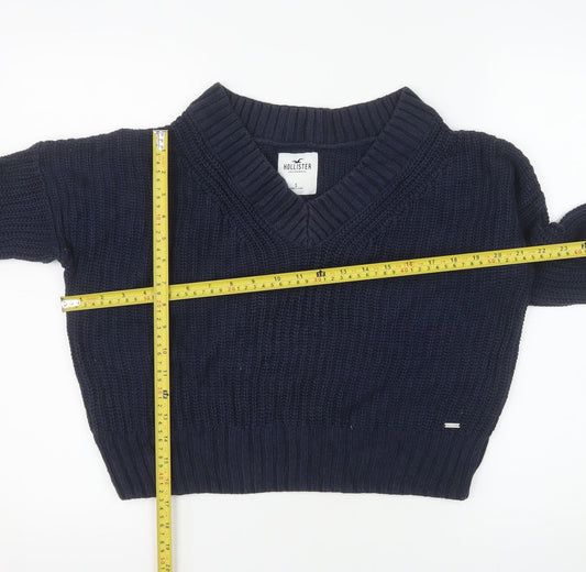 Hollister Women's Navy V-Neck Chunky Knit Jumper Size S