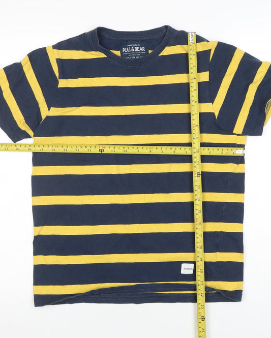 Pull & Bear Women's Blue Yellow Striped Cotton T-Shirt 2XS