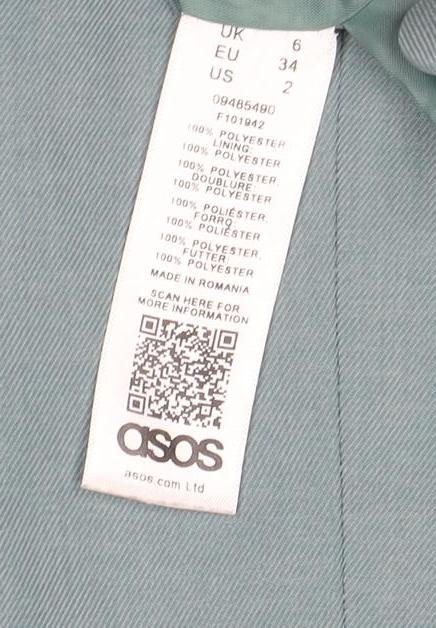 Brand and care label for ASOS Women Teal Blue One-Button Long Blazer Jacket, size UK 6