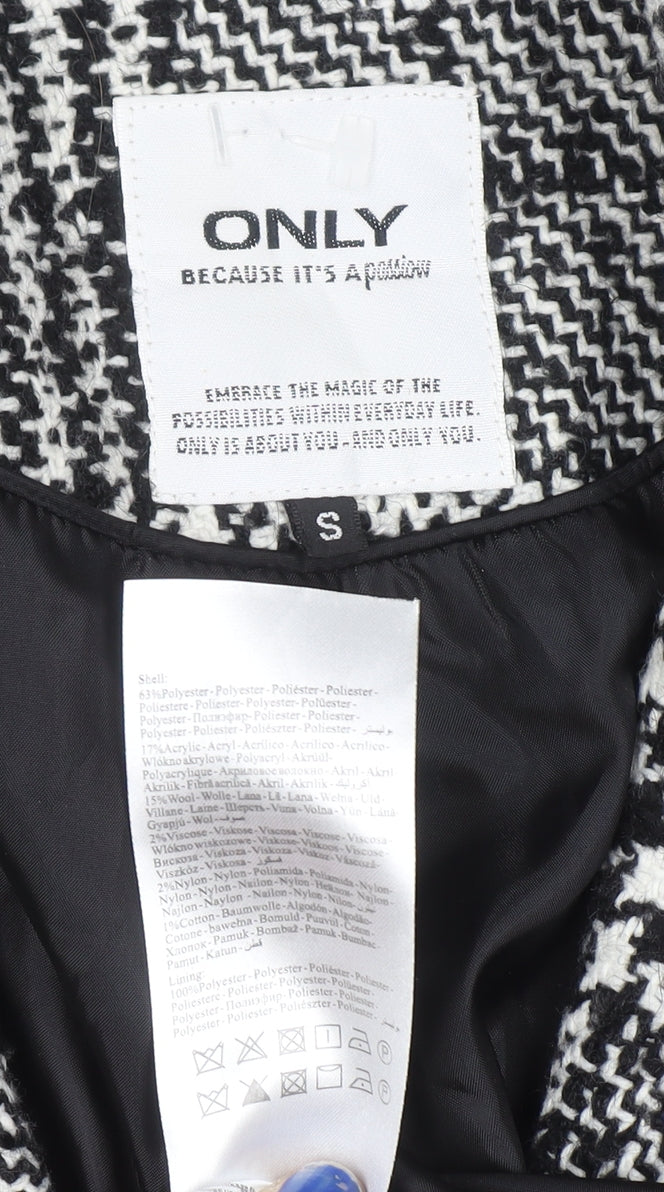 Brand and care label for Only Women's Black Check Tweed Overcoat, size S, Classic Mid-Length Coat