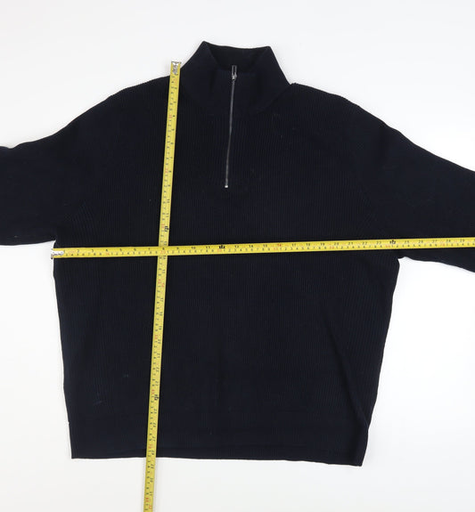 Marks and Spencer Men's Black 2XL Half Zip High Neck Cotton Blend Jumper