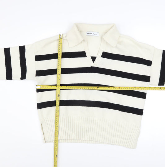 Bershka Women’s Black White Striped V-Neck Knit Jumper Size 12