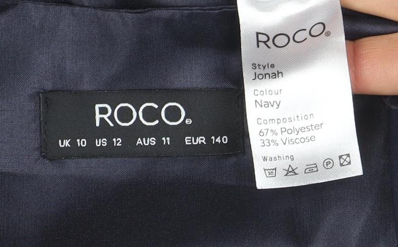 Brand and care label for ROCO Teens Navy Blue Tuxedo Suit Waistcoat, size 12, Formal Lined