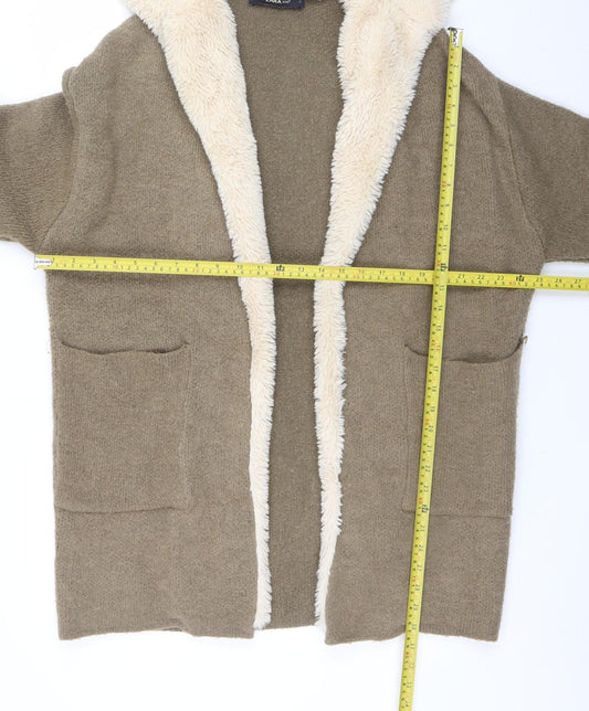 Zara Women Brown Hooded Knit Cardigan Size 12 Faux Fur Trim