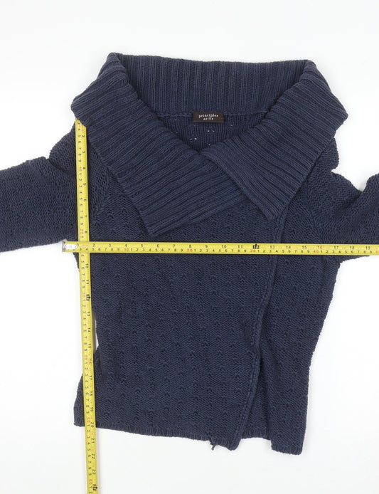 Principles Women Blue Cotton Blend Collared Knit Cardigan Size 14 Petite