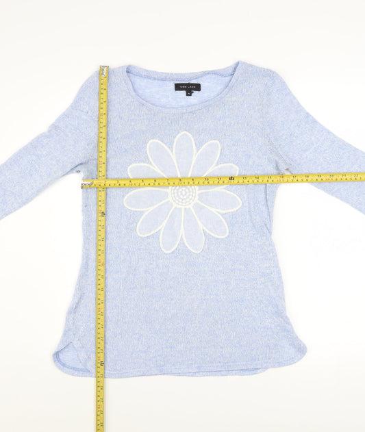 New Look Women's Blue Flower Knit 3/4 Sleeve Pullover Jumper Size 10
