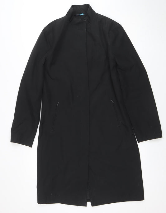 Additional front view of Nuage women’s black long overcoat, size UK 10, stylish zip classic coat