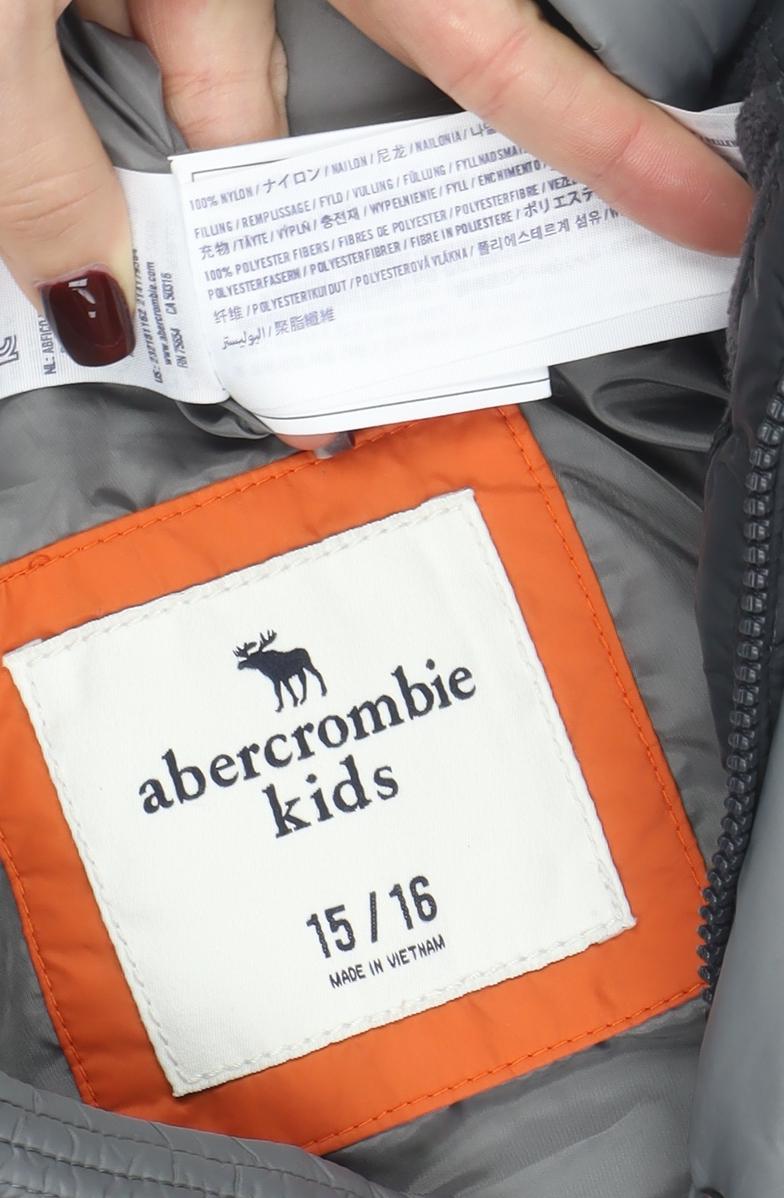 Brand and care label for Abercrombie & Fitch Kids boys’ grey quilted puffer waistcoat 15-16 years