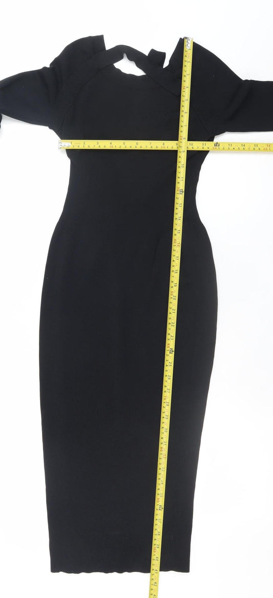 H&M Women Black Bodycon Midi Dress Size 8 Long Sleeve Off Shoulder