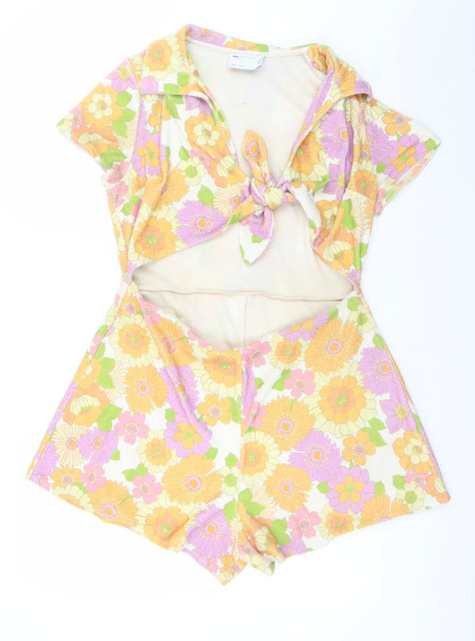 Additional front view of ASOS DESIGN Women's Multicoloured Floral Collared Tie Front Playsuit, size 14