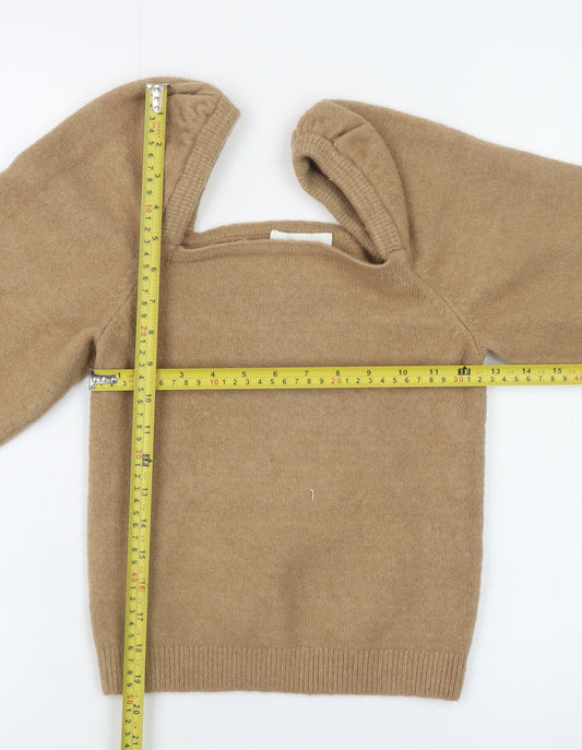 H&M Women Beige Wool Blend Square Neck Puff Sleeve Jumper Size S