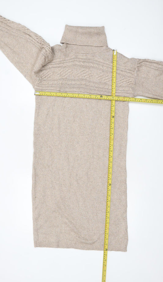 Rachel Zoe Women Beige Roll Neck Cable Knit Long Sleeve Tunic Jumper S